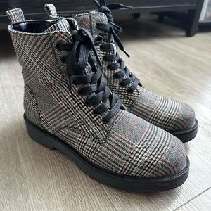 Glen plaid combat moto boots